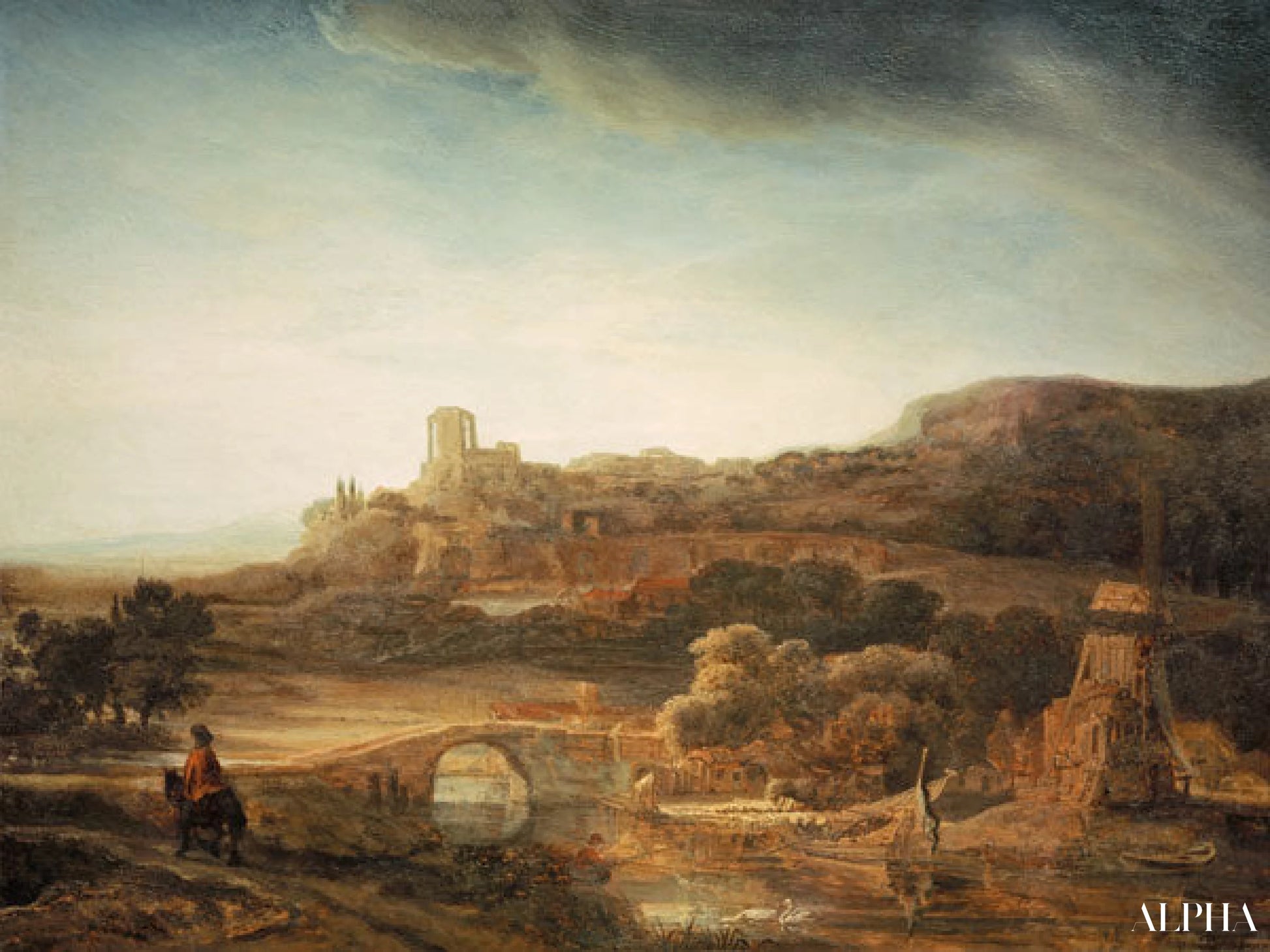 Rembrandt, Paysage de rivière Moulin à vent - Rembrandt van Rijn - Reproductions de tableaux et peintures haut de gamme