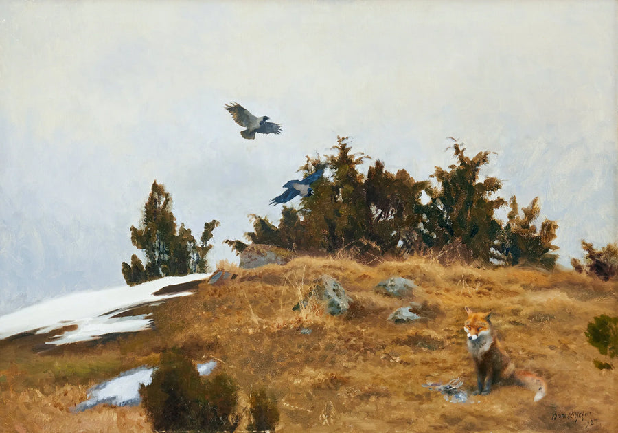 Fox with its prey and crows in a spring-winter landscape - Bruno Liljefors