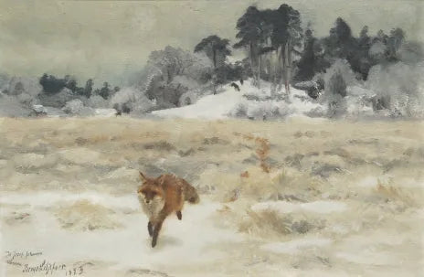 Fox in a winter landscape with hunting dogs - Bruno Liljefors