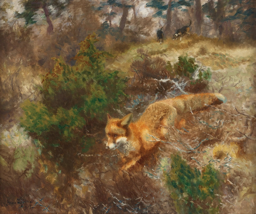 Fox and Hunting Dogs - Bruno Liljefors