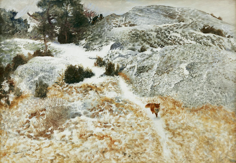 Fox and hunting dogs in a winter landscape - Bruno Liljefors