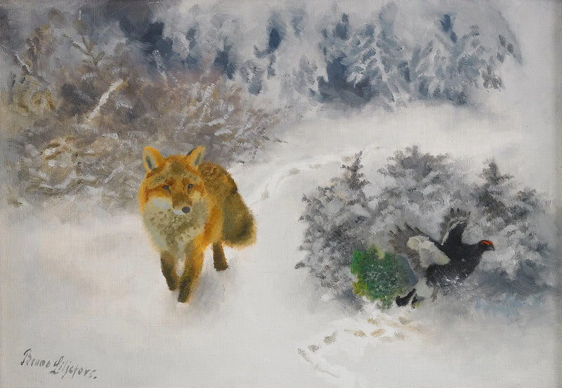 Fox and male black grouse in a winter landscape - Bruno Liljefors