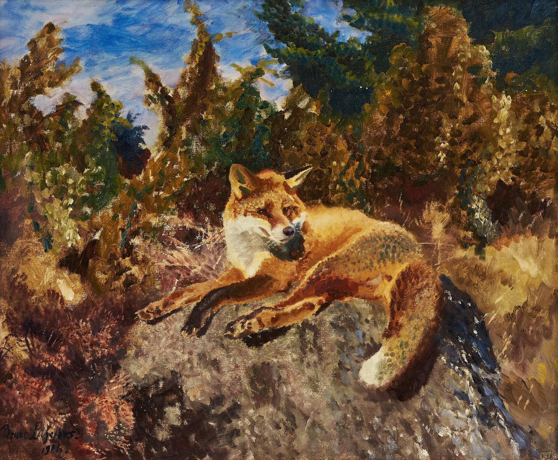 Renard se reposant dans un paysage forestier - Bruno Liljefors image 1 reproduction artisanale de tableau