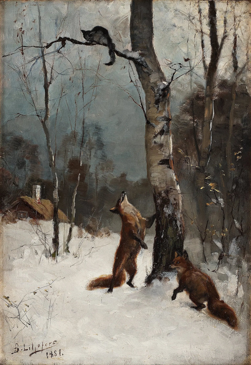Foxes and cat, winter landscape - Bruno Liljefors