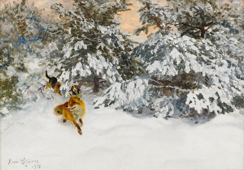 Foxes and Hunting Dogs - Bruno Liljefors