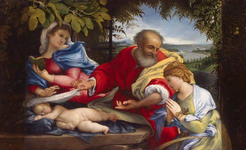 Repos pendant la fuite en Égypte avec Sainte Justine - Lorenzo Lotto