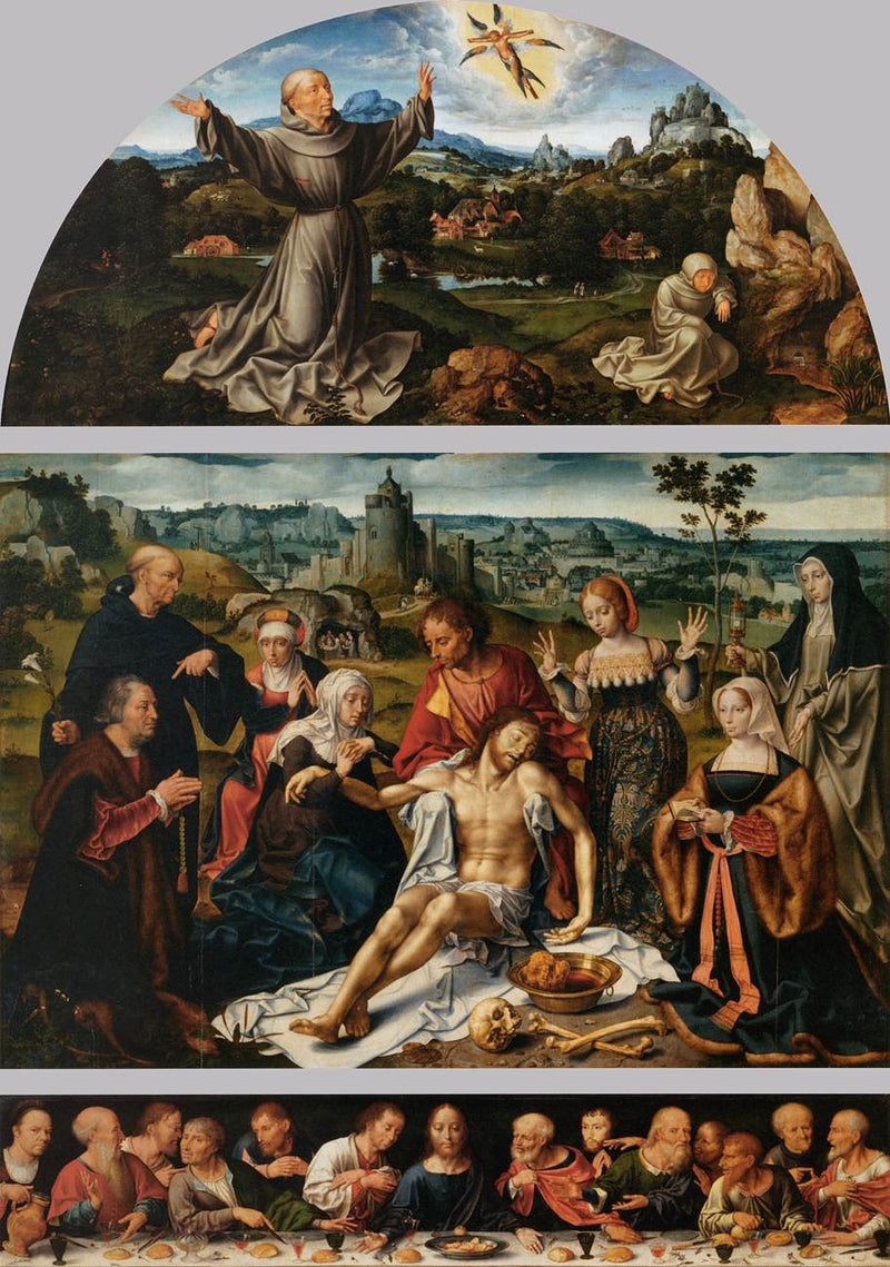 Deposition of Christ Altarpiece: The Deposition of Christ (central panel); The Stigmatisation of Saint Francis (lunette); The Last Supper (predella) - Joos van Cleve