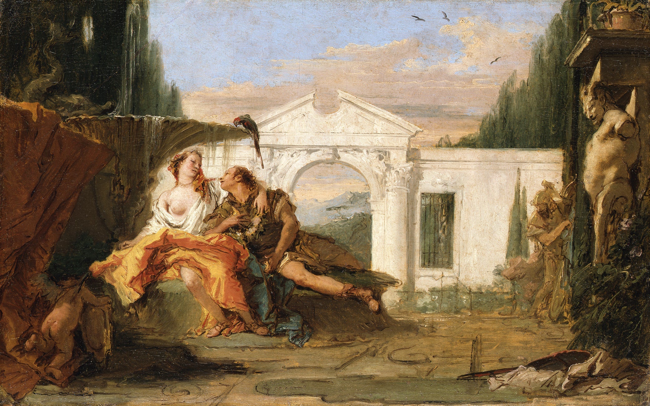 Rinaldo and Armida in the magical garden of Armida, listened to by Carlo and Ubaldo - Giovanni Battista Tiepolo