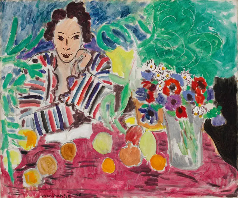 Reproduction du tableau « Robe rayée, Fruits et Anémones - Henri Matisse » par Alpha Reproduction en peinture à l’huile