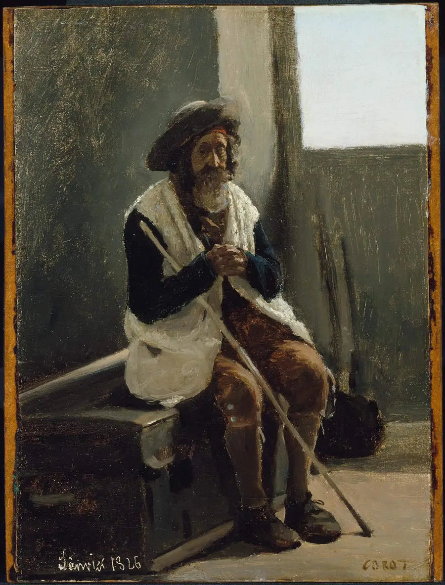 Rome, Old Man Sitting on a Trunk Belonging to Corot - Jean-Baptiste Camille Corot