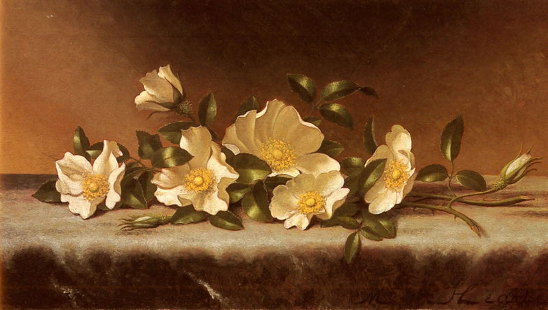 Cherokee Roses on Light Gray Fabric - Martin Johnson Heade
