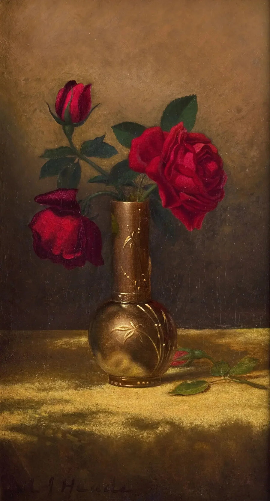 Red roses in a Japanese vase on a golden velvet fabric - Martin Johnson Heade