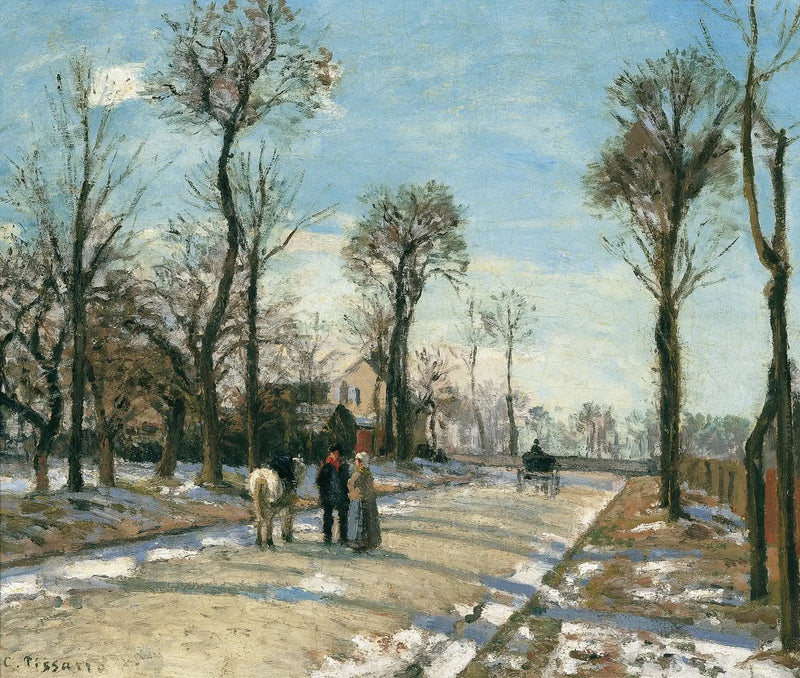 Route de Versailles, Louveciennes, sun and winter snow - Camille Pissarro
