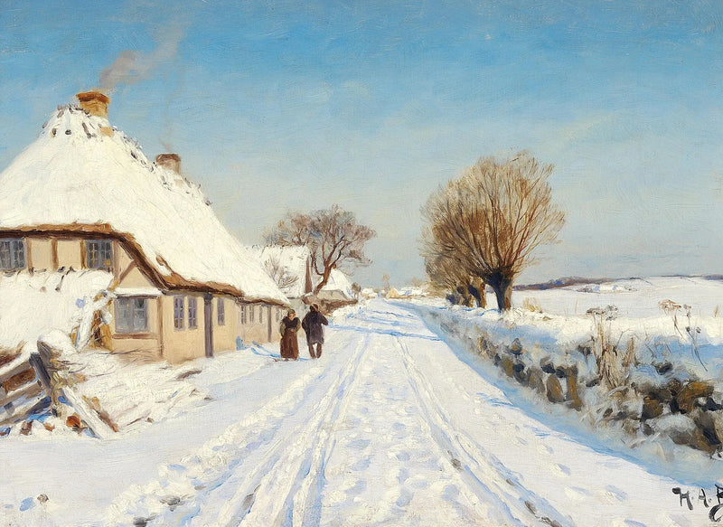 Sunny road at the edge of a village, winter. - H. A. Brendekilde