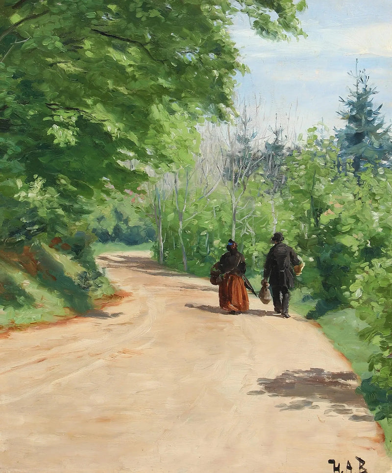 Spring forest road with a couple walking. - H. A. Brendekilde