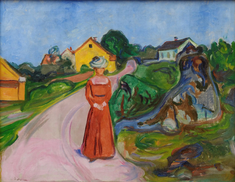 Åsgårdstrand Street and Woman in a Red Dress - Edvard Munch