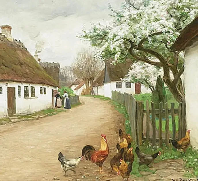 Village Street with Chickens and Two Women Talking - H. A. Brendekilde