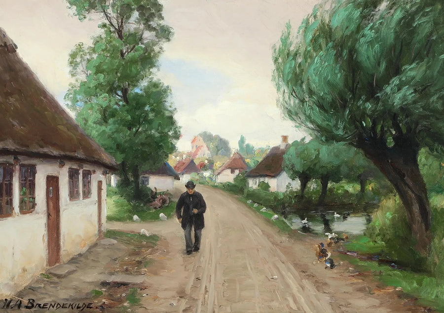 Village street with man and ducks by the pond's edge. - H. A. Brendekilde