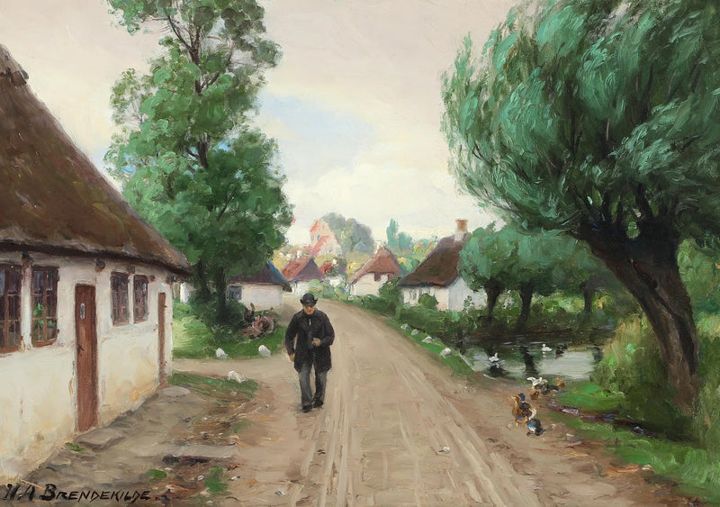 Village street with man and ducks by the pond's edge. - H. A. Brendekilde
