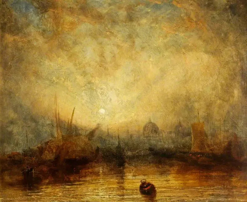 Voiliers et autres navires au coucher du soleil avec vue sur les dômes d'une ville (probablement Venise) - J. M. W. Turner
