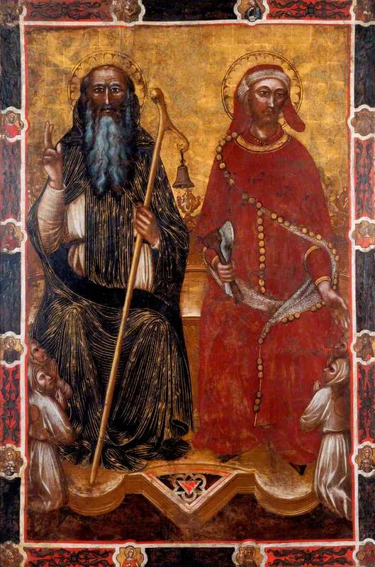 Saint Antoine l'Abbé and Saint Éloi with two pairs of kneeling followers (one side of a procession banner) (formerly attributed to Barnaba da Modena) - Spinello Aretino