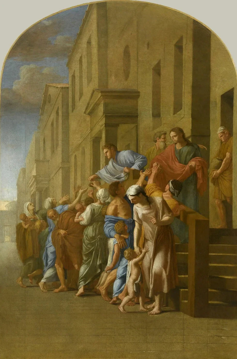 Saint Bruno and his companions, before leaving for Grenoble, distribute all their possessions to the poor - Eustache Le Sueur