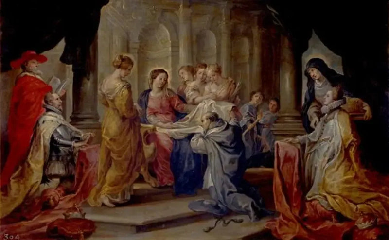 Saint Ildefonse receiving the chasuble of the Virgin, in the presence of Archduke Albert and Infanta Isabella - Peter Paul Rubens