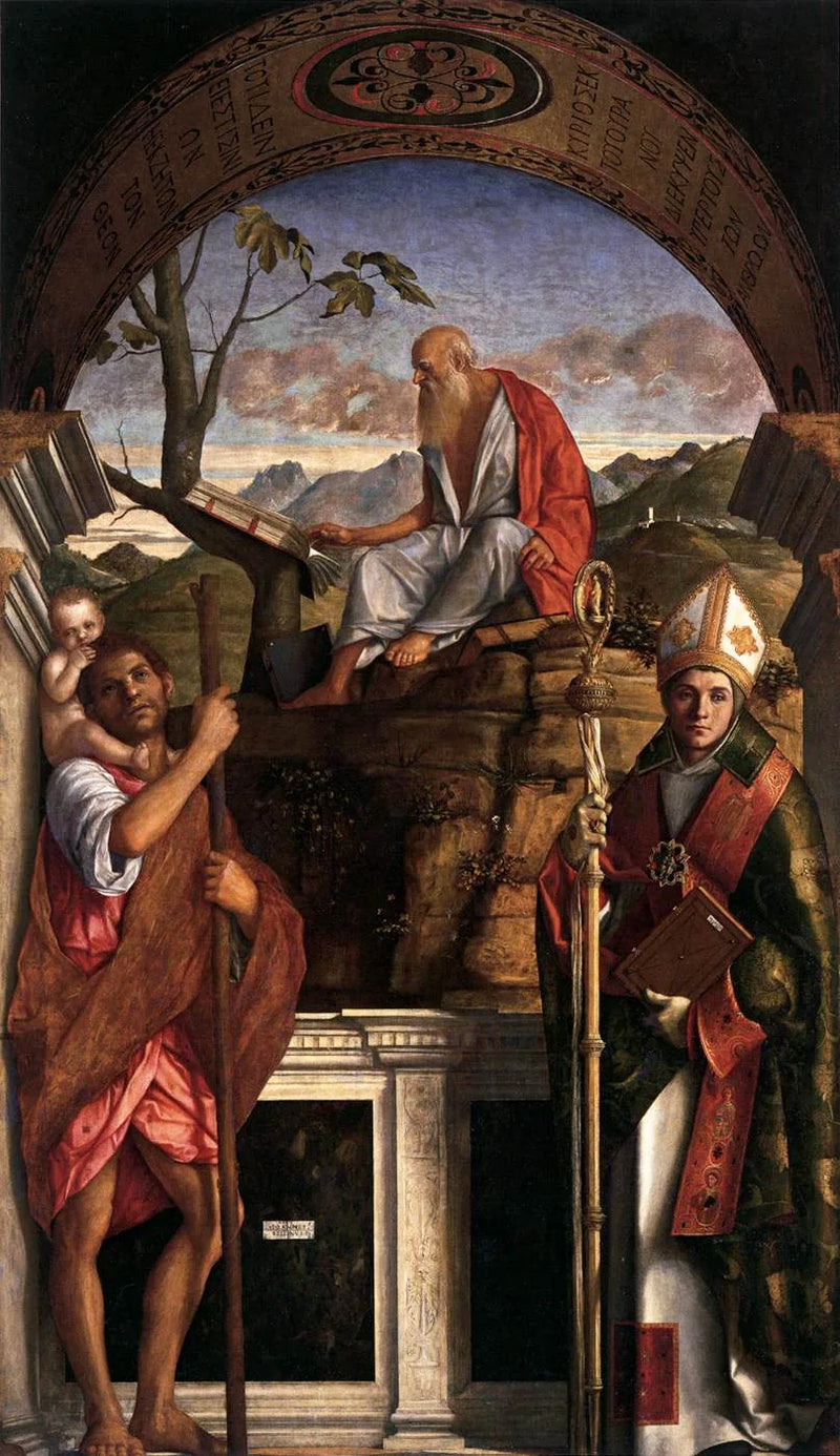 Saint Jerome Reading with Saint Christopher and Saint Louis of Toulouse - Giovanni Bellini