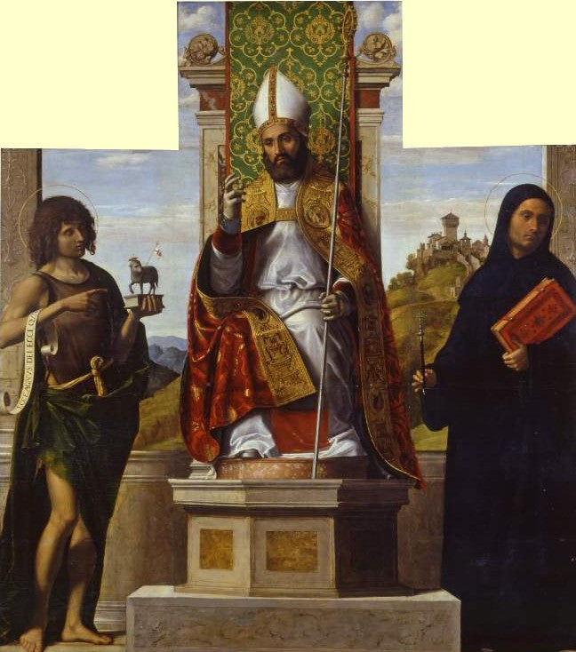 Saint Lanfranc enthroned between Saint John the Baptist and Saint Liberus - Cima da Conegliano