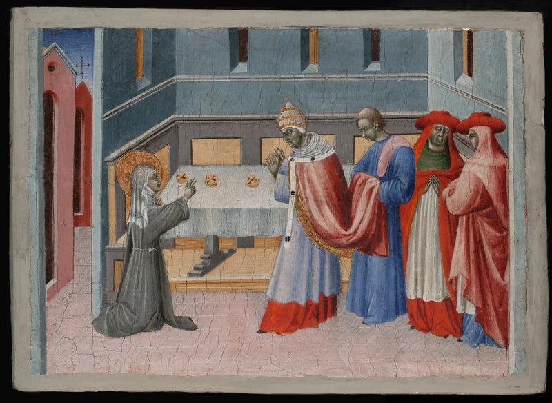 Saint Clare of Assisi blessing the bread before Pope Innocent IV - Giovanni di Paolo