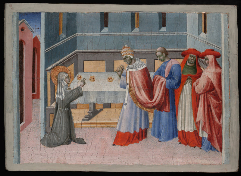 Saint Clare of Assisi blessing the bread before Pope Innocent IV - Giovanni di Paolo