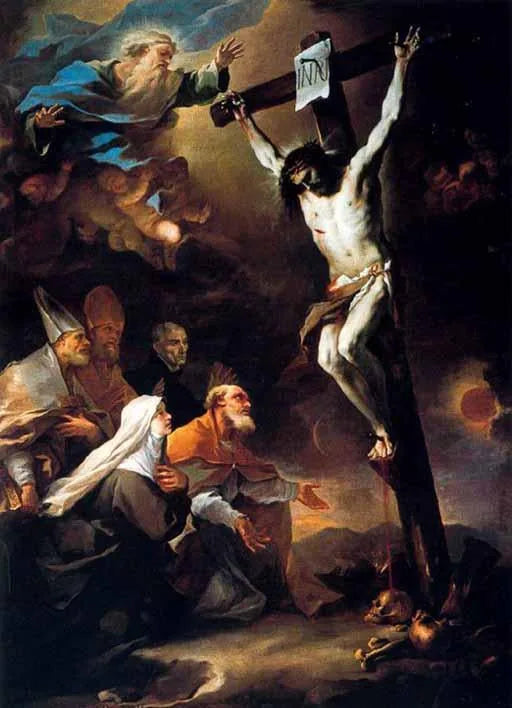 Saints patrons de Naples adorant le crucifix - Luca Giordano