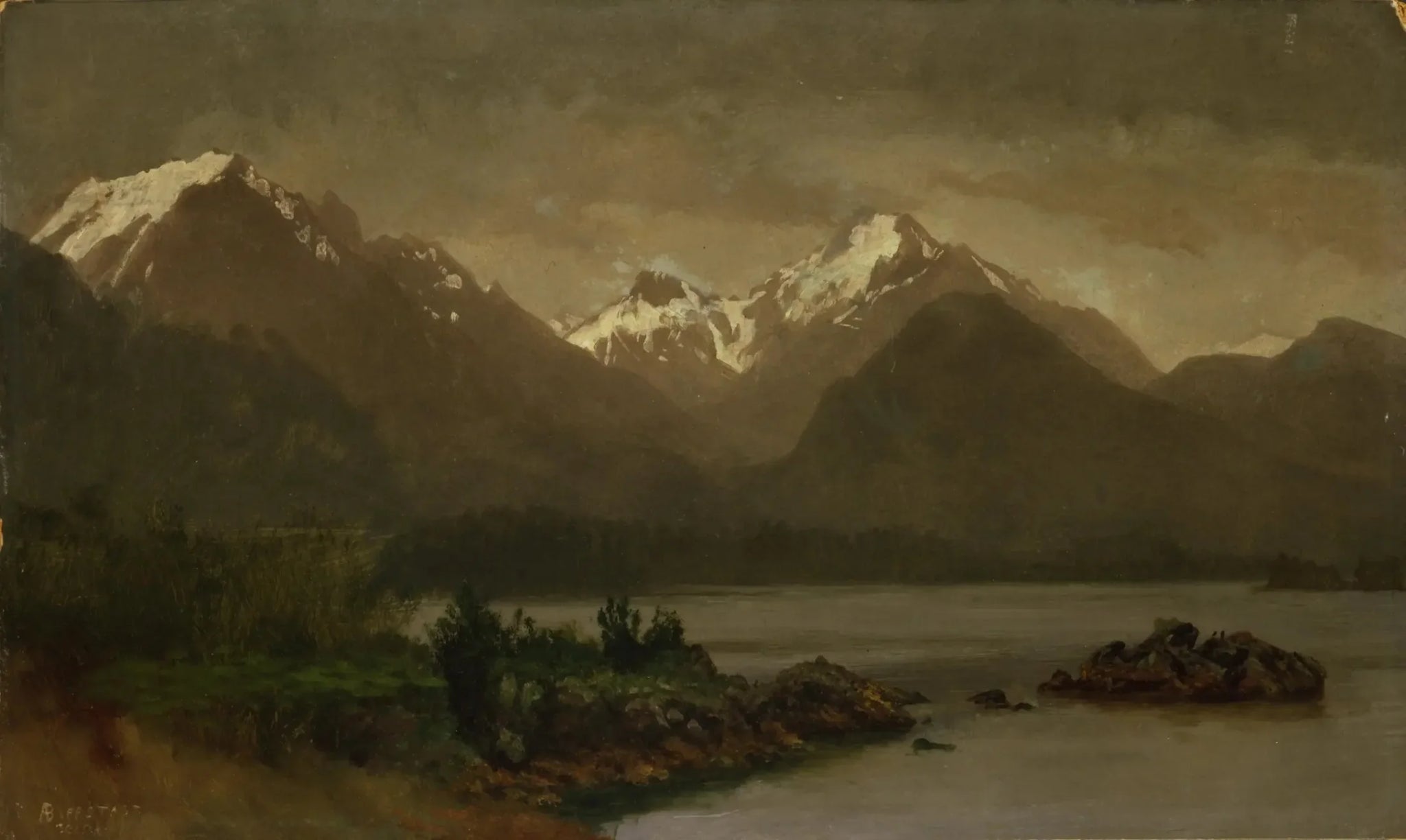 Sans titre (Montagnes et lac) - Albert Bierstadt image 1 tableau peint à l’huile sur toile