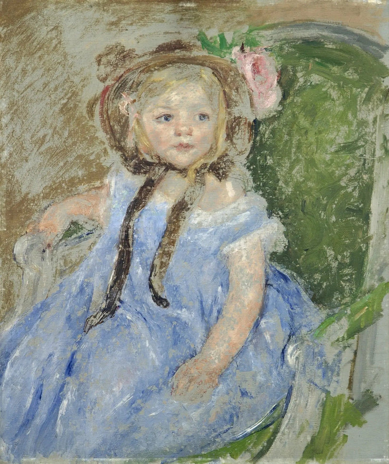 Sara with a dark bonnet with her right hand on the arm of a chair - Mary Cassatt