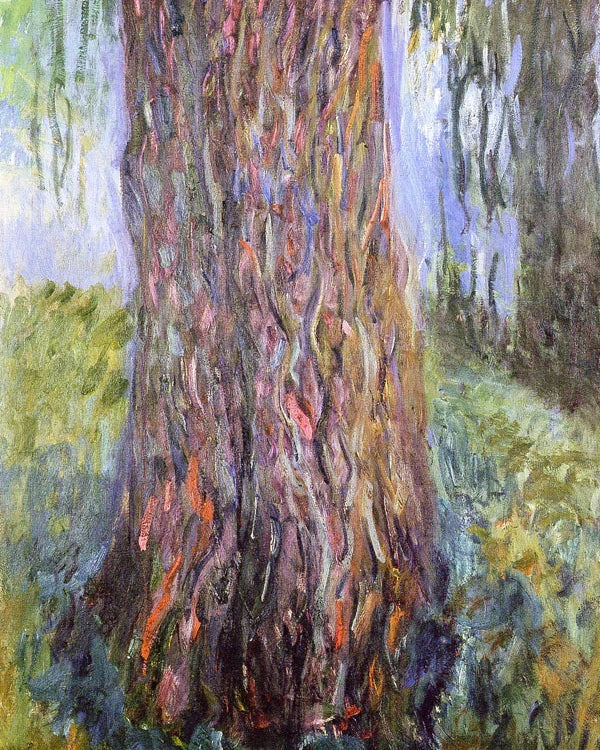 Détail du tronc violet, rouge et orange dans Saule pleureur et bassin aux nymphéas W1848 de Monet