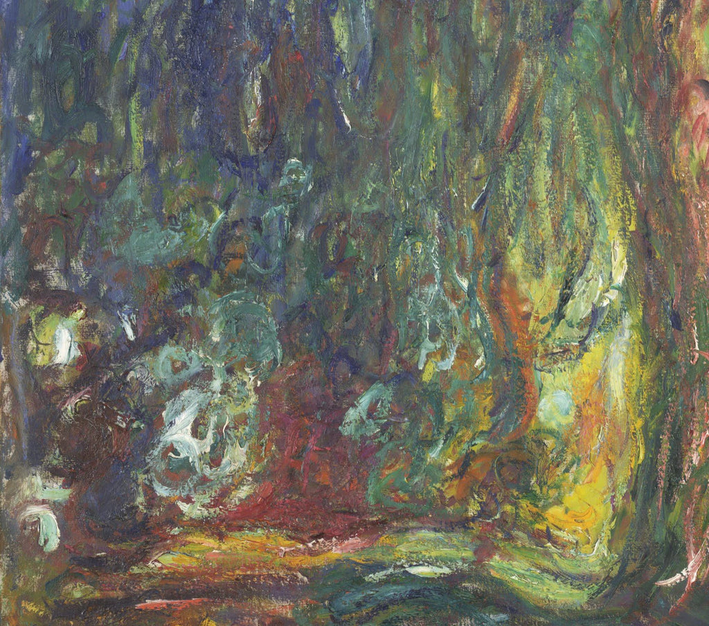 Détail des couches sombres, des racines et de la rive dans le Saule pleureur W1876 de Monet