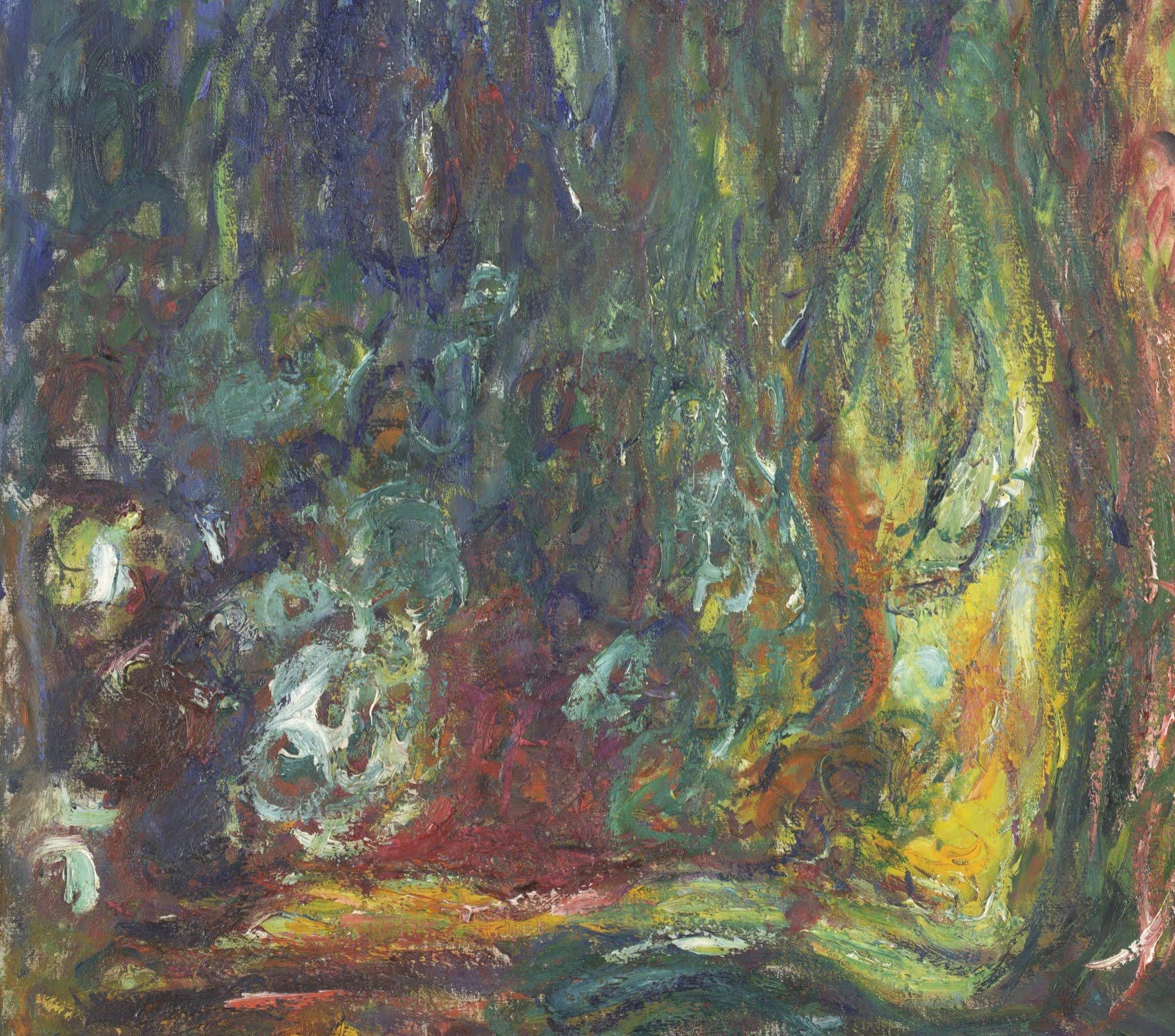 Détail des couches sombres, des racines et de la rive dans le Saule pleureur W1876 de Monet
