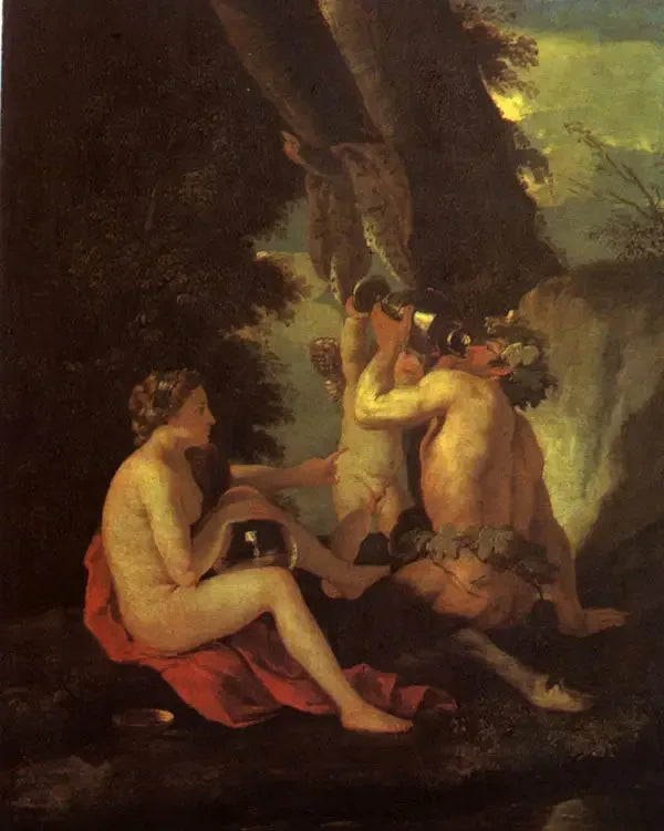 Scène bachique ou Nymphe et satyre buvant - Nicolas Poussin image 1 reproduction artisanale de tableau