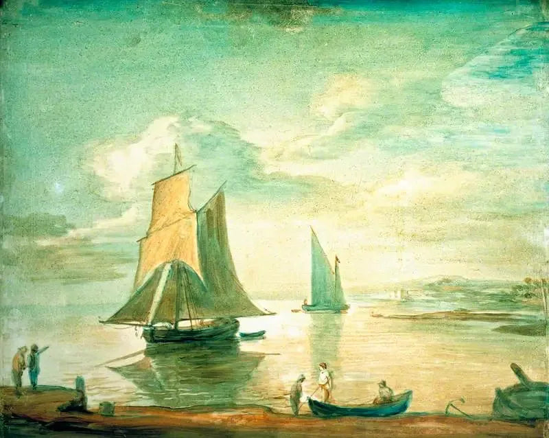 Coastal scene with sailboats and rowboats and characters on the shore - Thomas Gainsborough