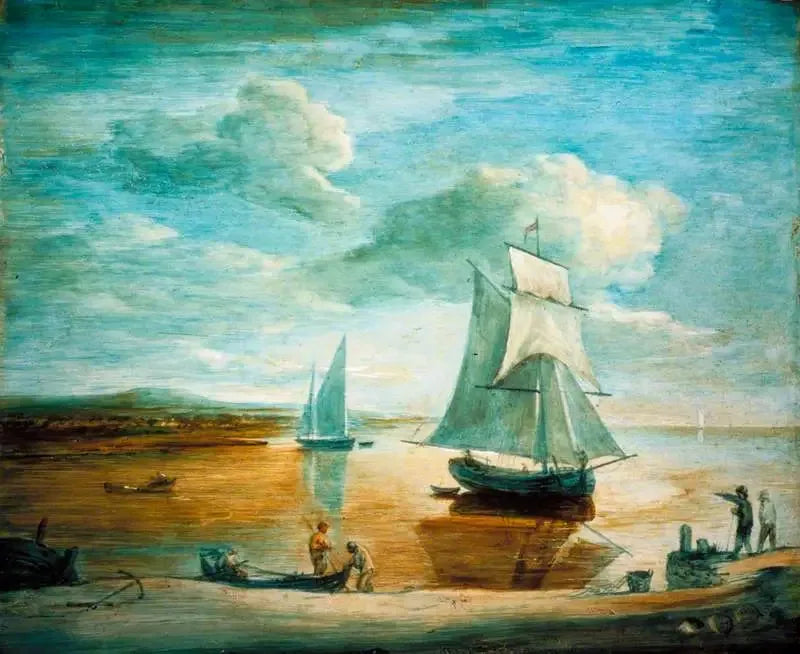 Coastal scene with sailboats and rowboats and characters on the shore - Thomas Gainsborough