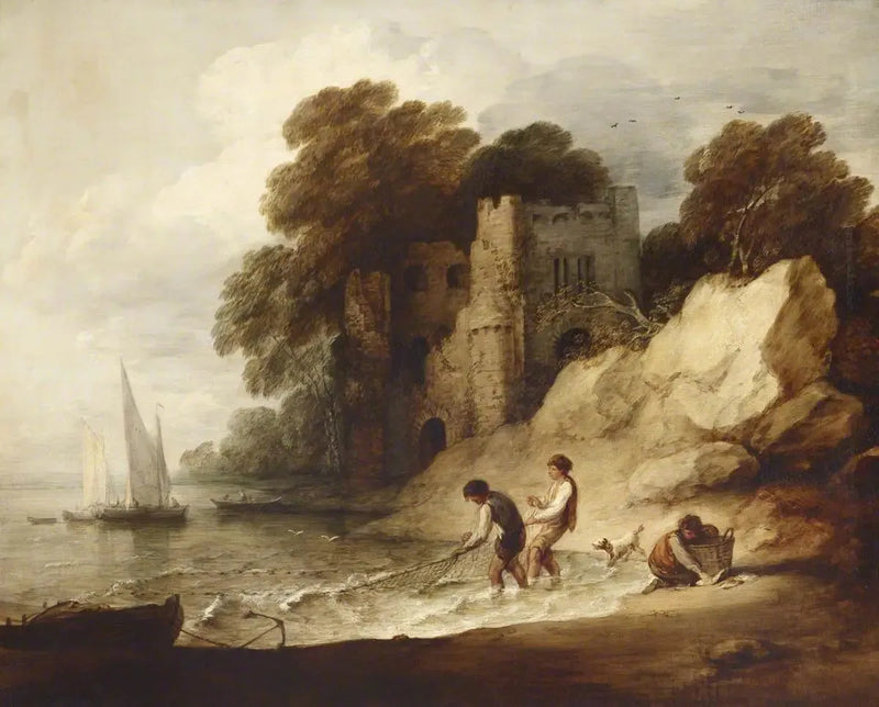 Rocky Coastal Scene with Ruined Castle, Boats and Fishermen - Thomas Gainsborough
