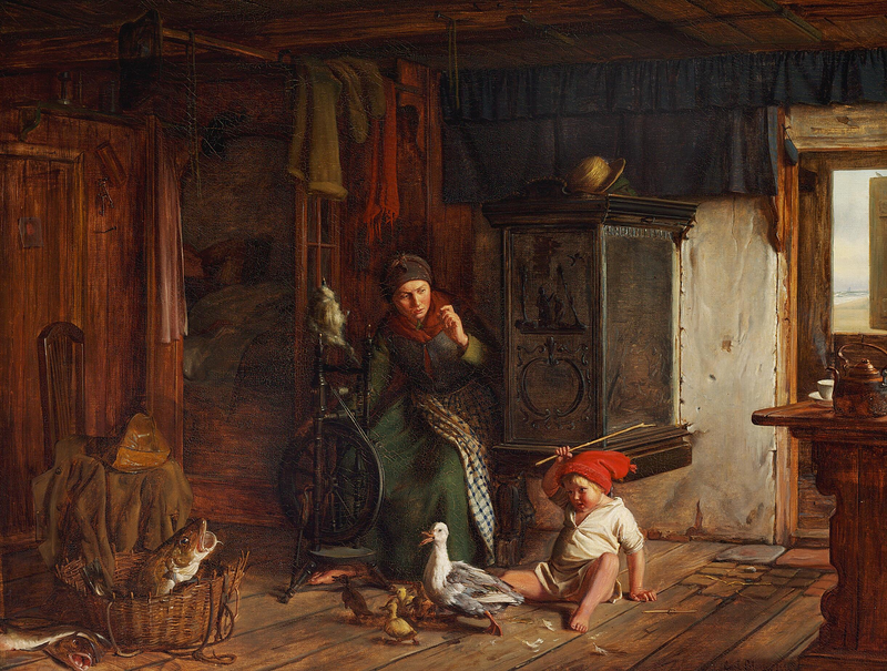 Scene in a Fisherman's House. A boy attacks a duck. Dad needs to sleep. - Carl Heinrich Bloch