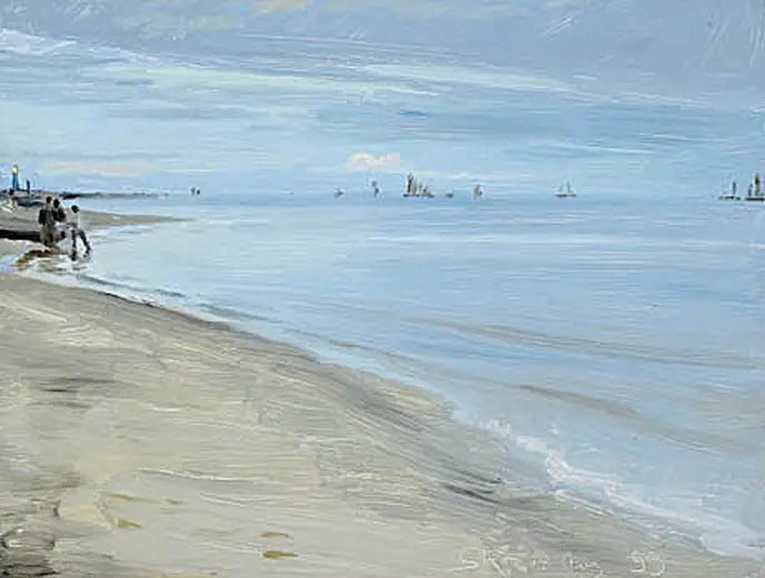 Scène de plage à Skagen. Pêcheurs sur un bateau. Le phare est illuminé. - Peder Severin Krøyer image 1 reproduction artisanale de tableau