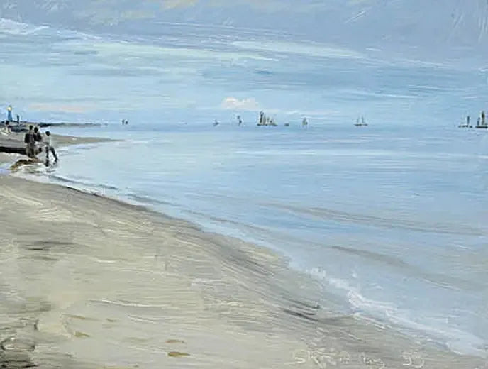 Beach scene at Skagen. Fishermen on a boat. The lighthouse is illuminated. - Peder Severin Krøyer