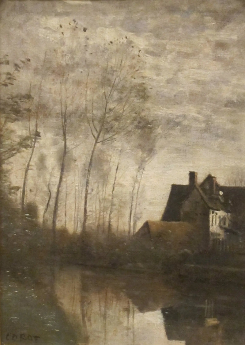 River Scene with Houses and Poplars - Jean-Baptiste Camille Corot