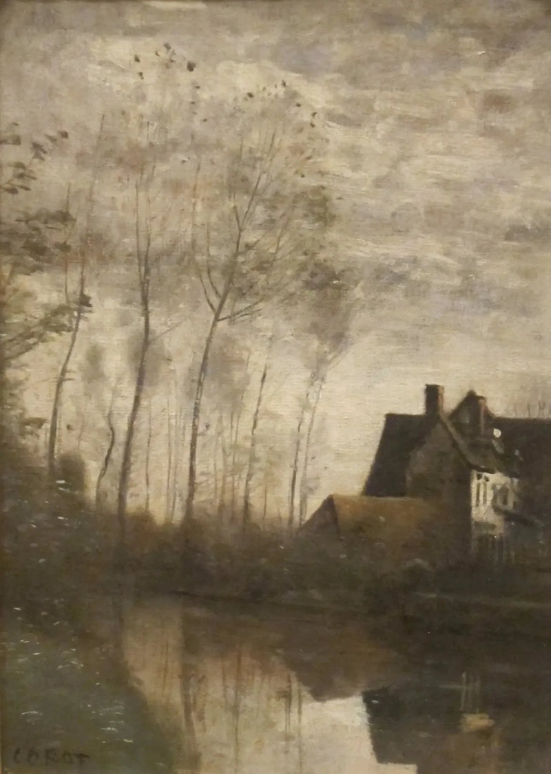 River Scene with Houses and Poplars - Jean-Baptiste Camille Corot