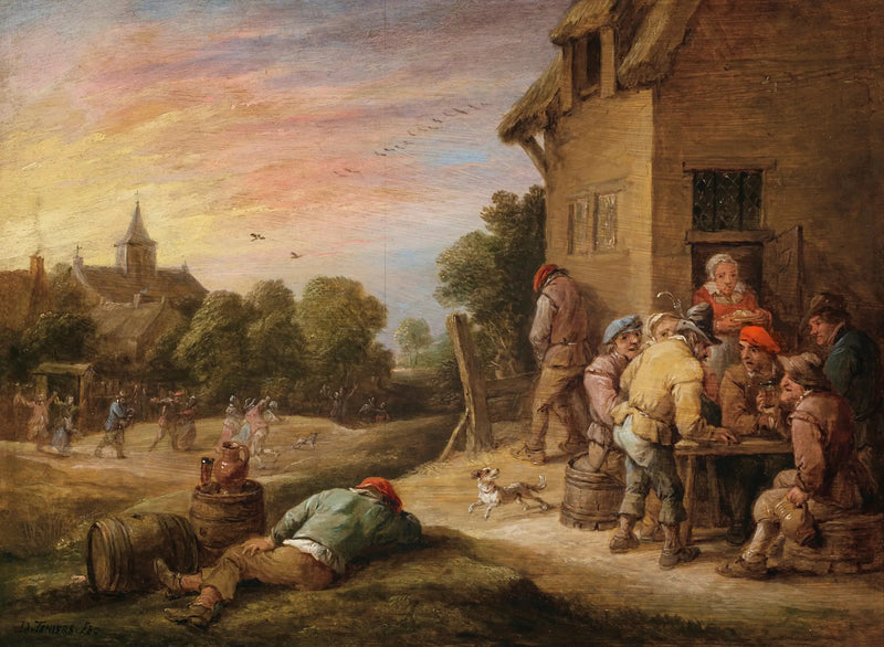 Village scene with peasants celebrating in front of an inn - David Teniers the Younger