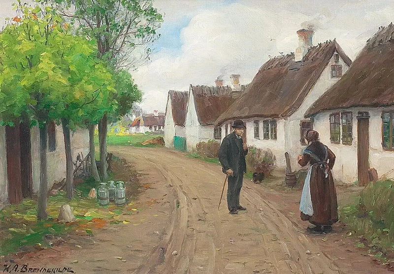 Village scene of Jyllinge with people talking. - H. A. Brendekilde