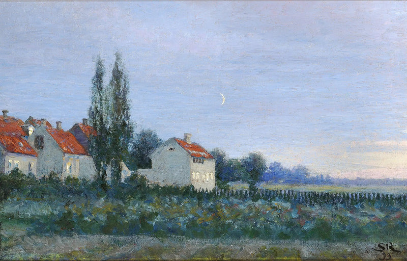 Evening scene with houses and poplars. - Peder Severin Krøyer