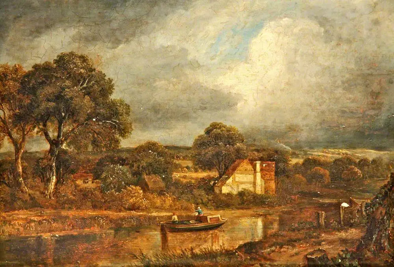 River scene with a barge and chalets - John Constable